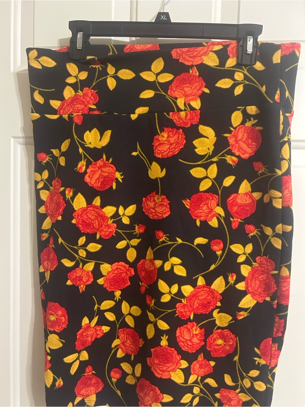 LuLaRoe Black Pencil Skirt with Red Roses & Yellow Leaves